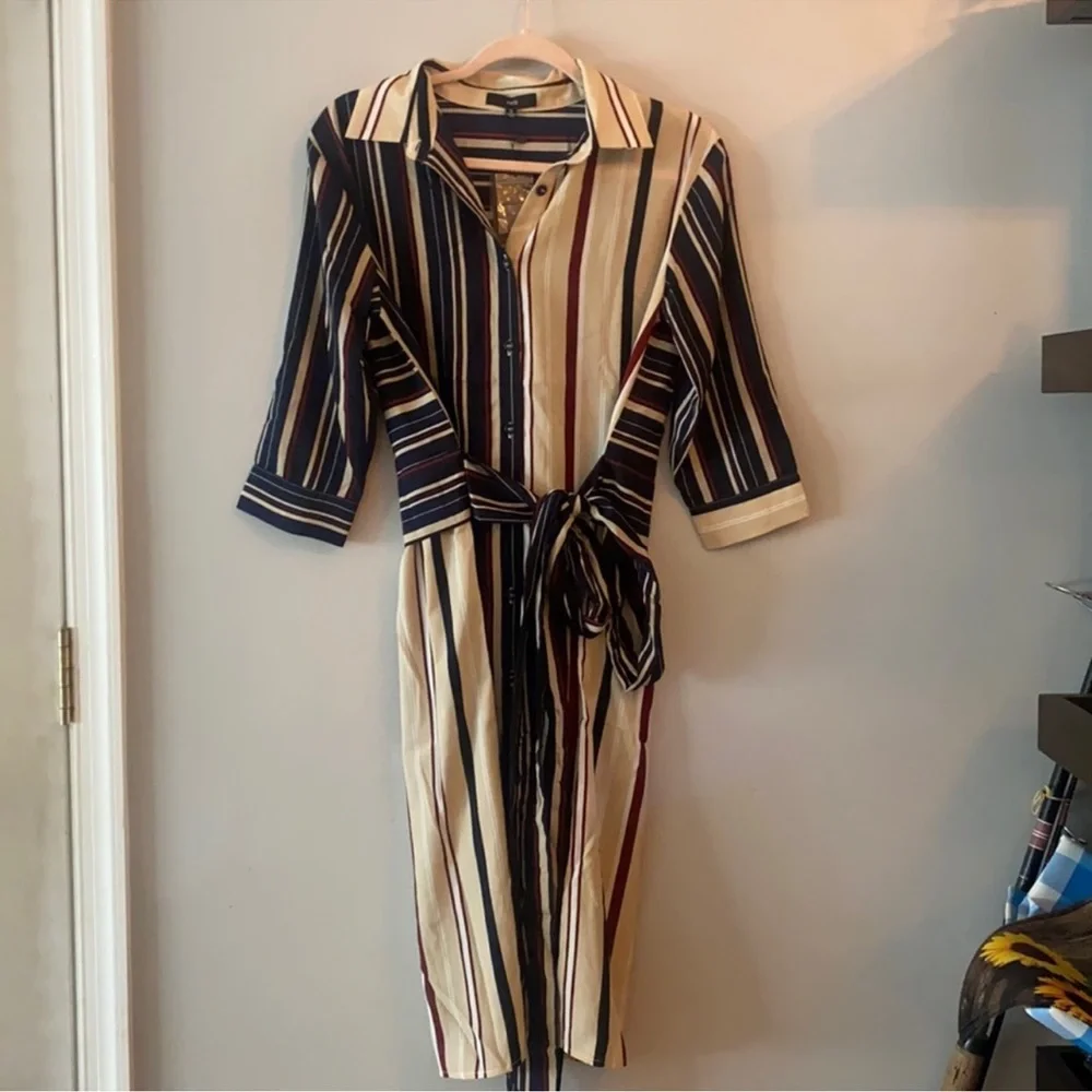 NWT Fate Striped Button Down Belted Midi Dress Cream Navy White Burgundy Collar